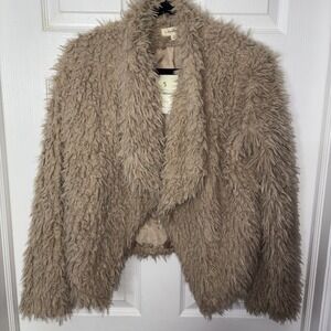 EE SOME Fuzzy Shaggy Faux Fur Jacket Cardigan Taupe Neutral Size S